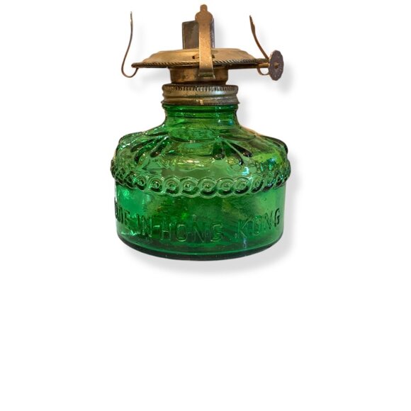Vintage Green Glass Oil Lamp Brass Burner by Fook Cheung Hong Kong Collectible - Picture 6 of 8